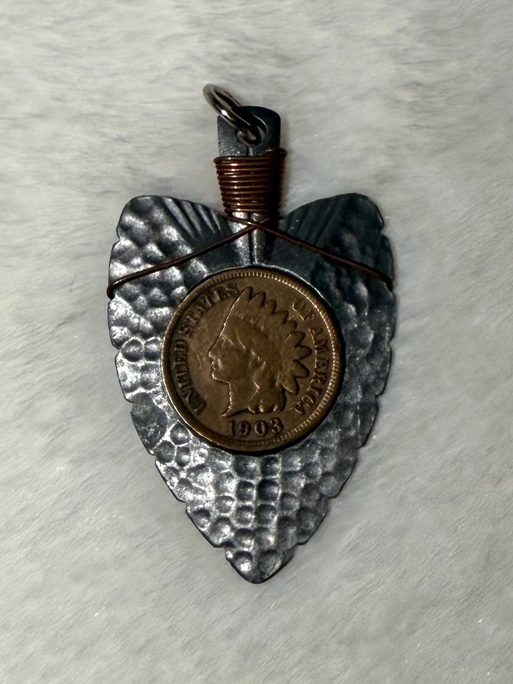 Handmade Hammered Metal Arrowhead Pendant with Vintage Coin